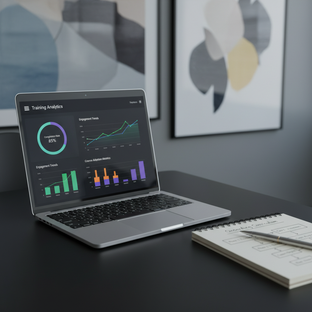 A polished SaaS dashboard interface displayed on a slim, silver laptop set on a matte black desk, showing detailed training analytics: completion rates, engagement graphs, and course adoption metrics in clear, vibrant colors. Beside the laptop, an open spiral-bound notebook reveals a hand-drawn flowchart for an onboarding curriculum, while a slim silver pen lies diagonally across the page. Cool, indirect office lighting highlights the laptop’s metallic edges and creates soft, refined shadows. Photographic realism from a slightly elevated angle, with the background fading into a softly blurred enterprise office wall with abstract framed art, evoking strategic corporate training management and professional performance improvement.