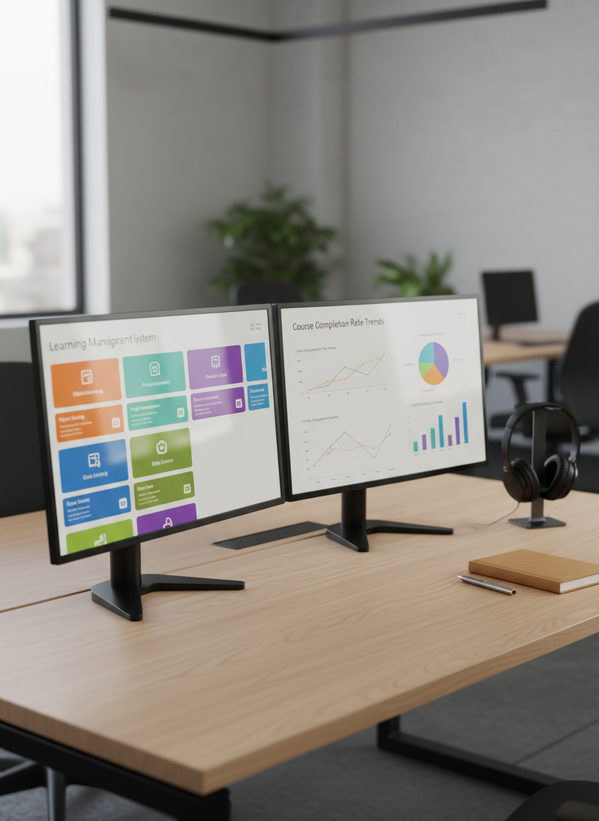 A sleek dual-monitor workstation displaying a clean, modern learning management system dashboard with colorful course tiles and clear analytics charts. The screens sit on a light oak desk with a matte finish, next to a closed notebook, a capped pen, and a pair of wireless headphones resting on a minimalist stand. Soft, diffused daylight from an unseen window creates gentle reflections on the monitor bezels and subtle shadows along the desk edge. Photographic realism at eye level, with a slight angle emphasizing the screens. The background fades into a softly blurred corporate office setting, conveying a professional, focused atmosphere ideal for showcasing eLearning and SaaS LMS administration work.