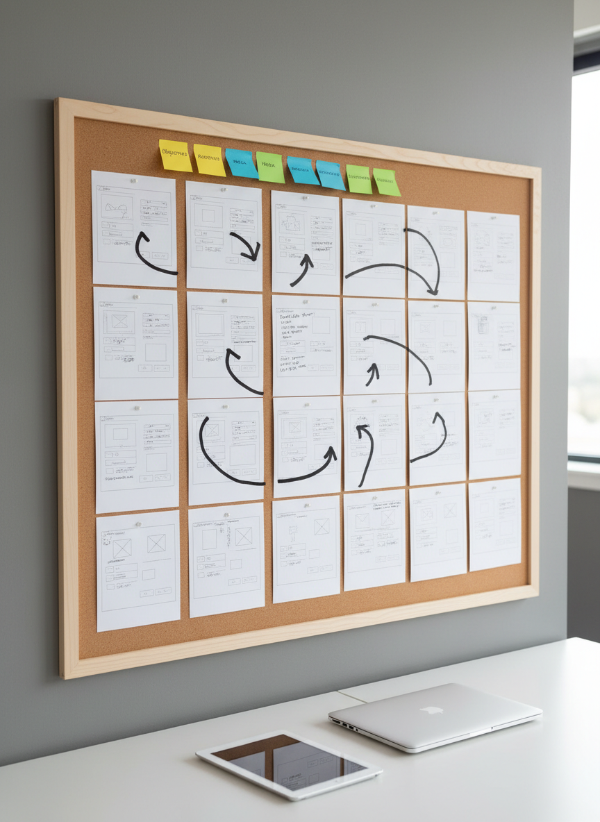 A meticulously organized storyboard wall featuring neatly arranged printed eLearning screen mockups, each with clear UI elements, captions, and arrows indicating learner flow. The pages are pinned to a large, smooth corkboard framed in pale wood, with color-coded sticky notes identifying objectives, media, and interactions. Overhead, bright but diffused studio lighting illuminates every detail, casting soft, minimal shadows. Photographic realism from a slightly elevated angle, capturing the full board while blurring the far edges of the room. A tablet and closed laptop rest on a nearby white table in the foreground, suggesting a modern, systematic instructional design process in a calm, professional space.