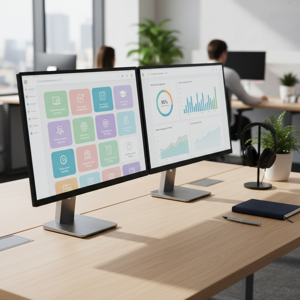 A sleek dual-monitor workstation displaying a clean, modern learning management system dashboard with colorful course tiles and clear analytics charts. The screens sit on a light oak desk with a matte finish, next to a closed notebook, a capped pen, and a pair of wireless headphones resting on a minimalist stand. Soft, diffused daylight from an unseen window creates gentle reflections on the monitor bezels and subtle shadows along the desk edge. Photographic realism at eye level, with a slight angle emphasizing the screens. The background fades into a softly blurred corporate office setting, conveying a professional, focused atmosphere ideal for showcasing eLearning and SaaS LMS administration work.