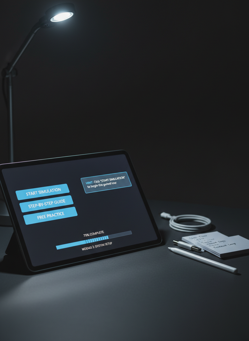A close-up, photographic realism shot of a tablet lying on a dark charcoal desk surface, displaying an interactive software simulation interface with clearly labeled buttons, a progress bar, and an on-screen hint box. Next to the tablet sits a neatly coiled USB-C cable, a slim silver stylus, and a small stack of index cards with handwritten UI notes partially in focus. Cool-toned LED desk lighting creates a focused pool of light around the device, with the background gently falling into shadow. Captured from a low, three-quarter angle, the composition emphasizes clarity and precision, conveying the craft of creating clear software instruction that improves adoption and performance.